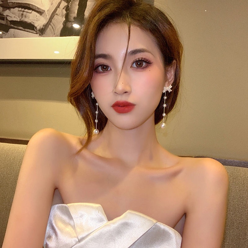 Bông Tai Dáng Dài Đính Nơ Phối Tua Rua Ngọc Trai Thời Trang Sang Trọng Cho Nữ