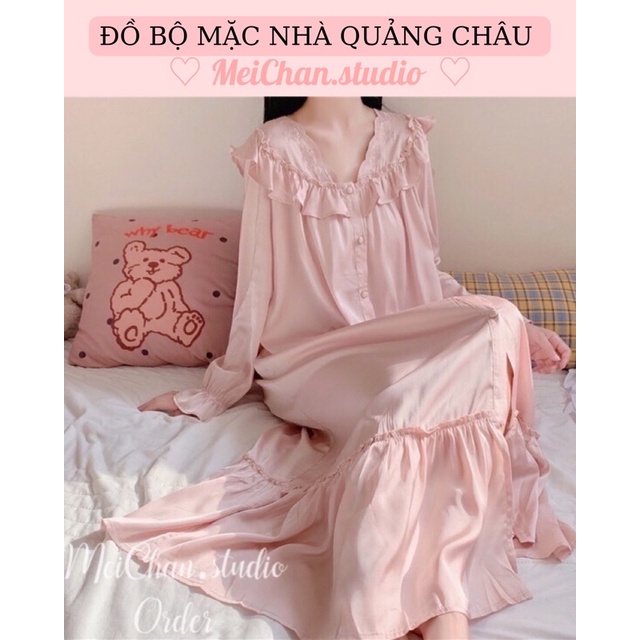 Váy Ngủ Chất Lụa Mềm Tiểu Thư dài tay Quảng Châ