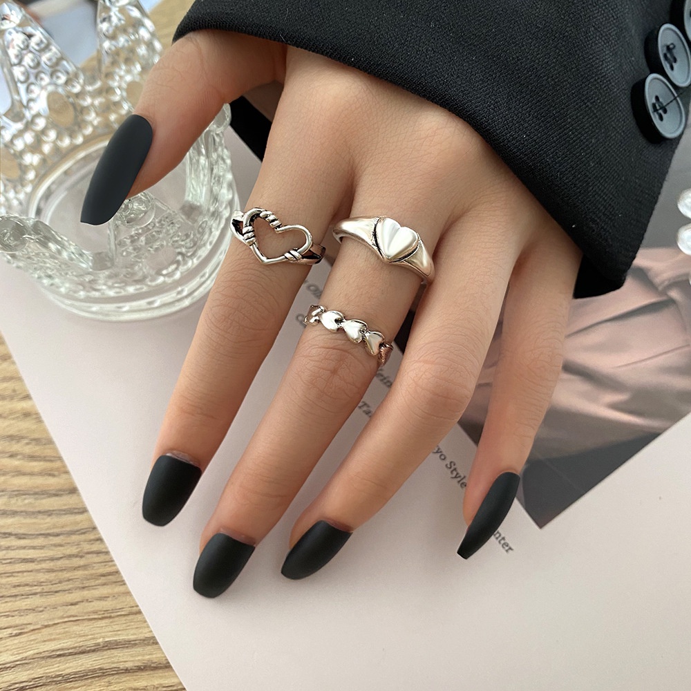 Bộ 3 Nhẫn Bạc Khắc Hình Trái Tim Dễ Thương