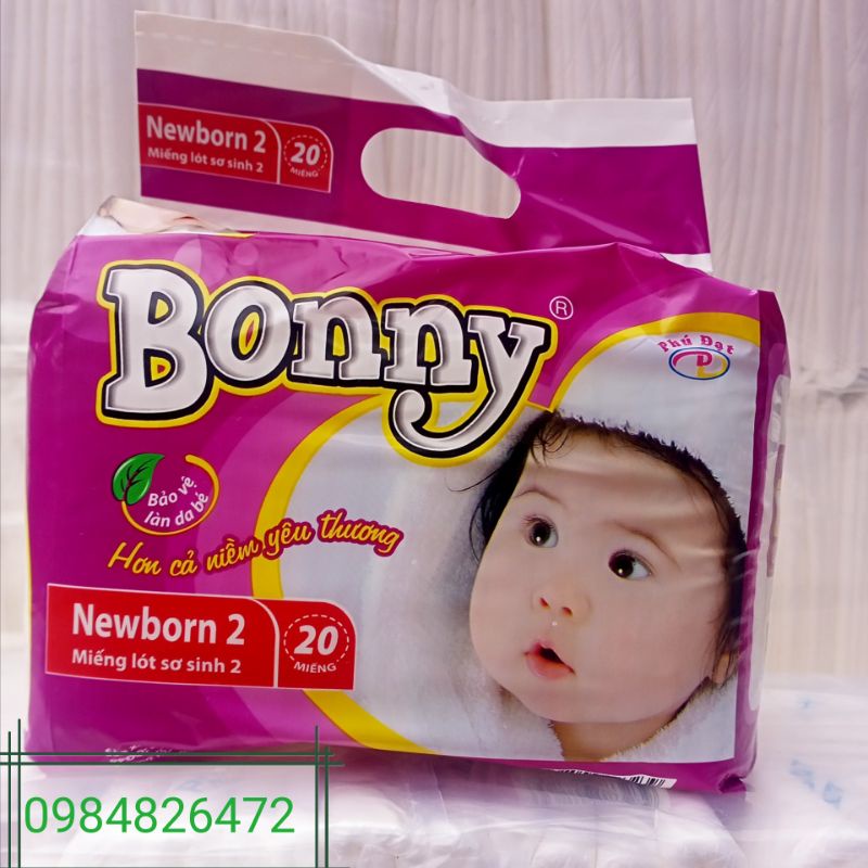 Miếng lót sơ sinh Newborn 2 Bonny gói 20 miếng/1 túi, mềm mại và mỏng nhẹ thấm hút tốt giúp bề mặt khô thoáng