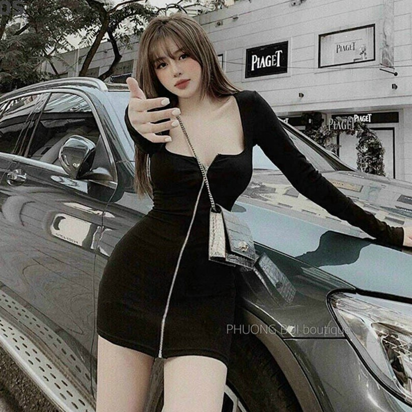 Váy đầm nữ body tay dài phối khóa kéo trước ngực cực xinh - Hàng mới về