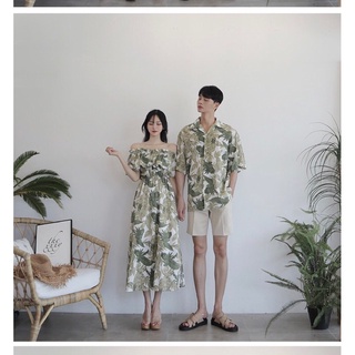 Set đồ đôi couple, tình nhân đi biển váy maxi lá xanh chun eo bèo vai Forever Couple Store