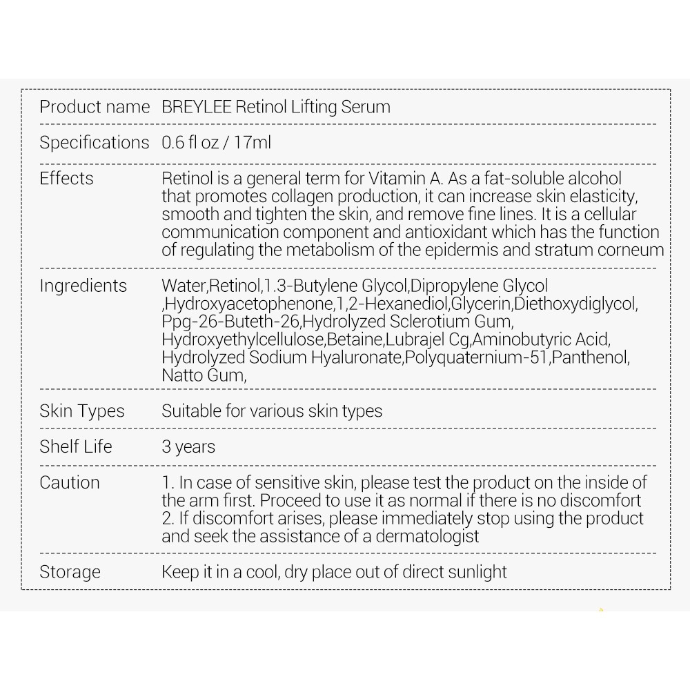 BREYLEE 【Bán hàng trực tiếp tại nhà máy】Serum Retinol dưỡng da mặt giúp làm săn chắc da, chống lão hóa 17ml