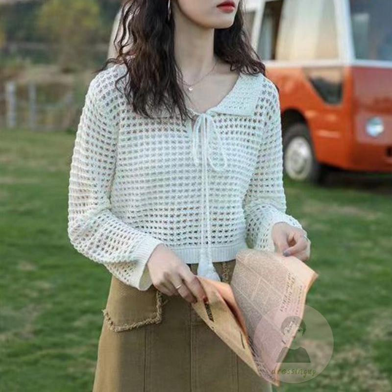 Áo Thun Dệt Kim Tay Dài Màu Sắc Đơn Giản Cho Nữ