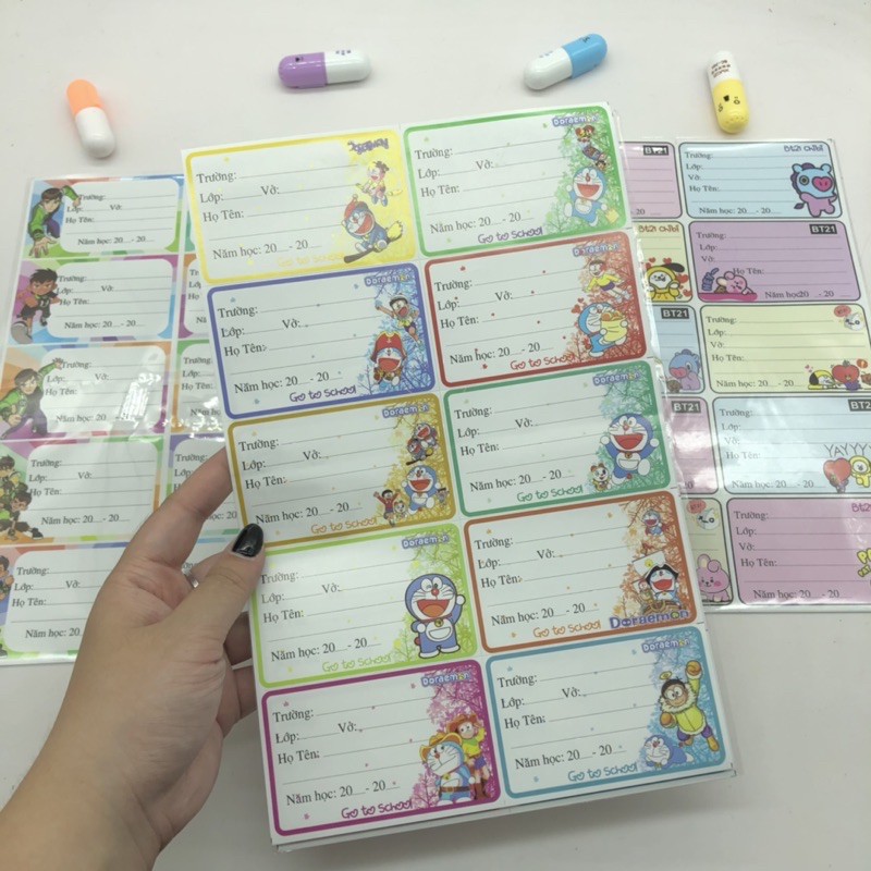 NHÃN VỞ ĐỀ CAN BÉ DÁN LIỀN (1 TẬP= 30 CHIẾC) nhãn vở học sinh in hình cute, bọc vở nhiều hình có dán