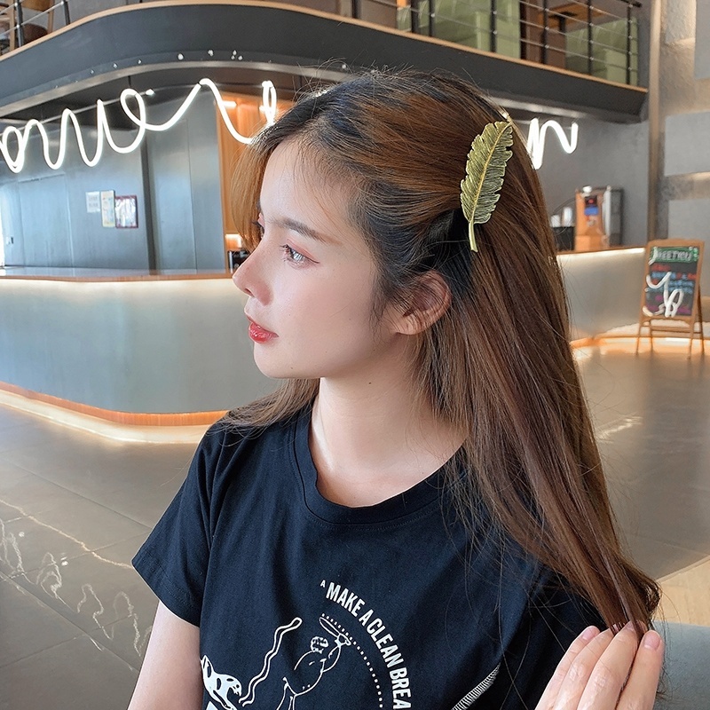Kẹp Tóc Hình Lông Vũ Màu Vàng/Bạc Đơn Giản Bằng Hợp Kim Dành Cho Nữ
