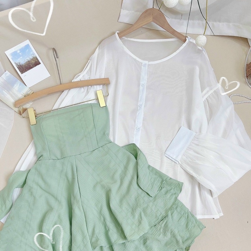 Set Đầm Cúp Xanh Mint + Áo khoác trắng