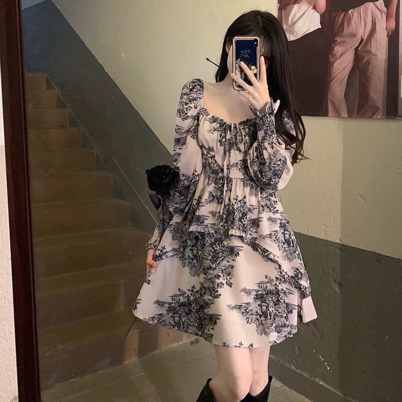 Váy nữ đầm phong cách mực cổ điển mới của Pháp thiết kế cổ vuông cổ tích vintage Pasana0003v ( Tặng ví)