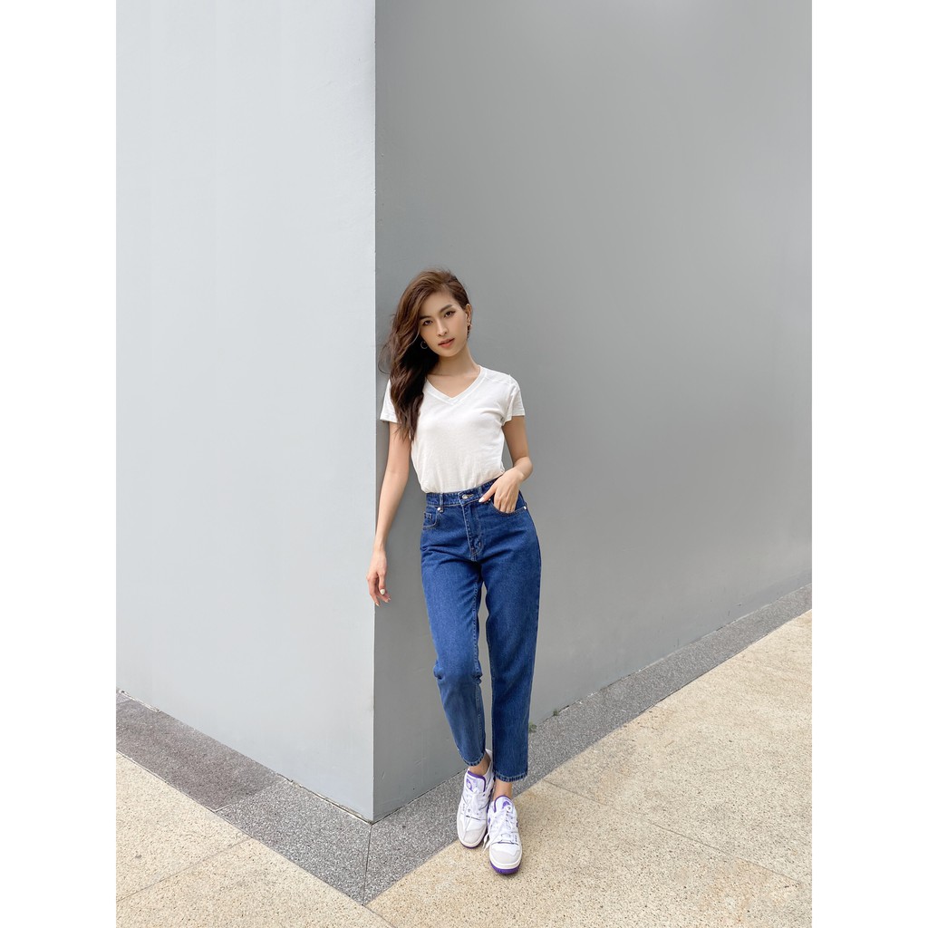 Quần Jeans Lưng Cao Nữ - Momfit Dark Blue - Hashtagem ( Mã MFJ - 03 )