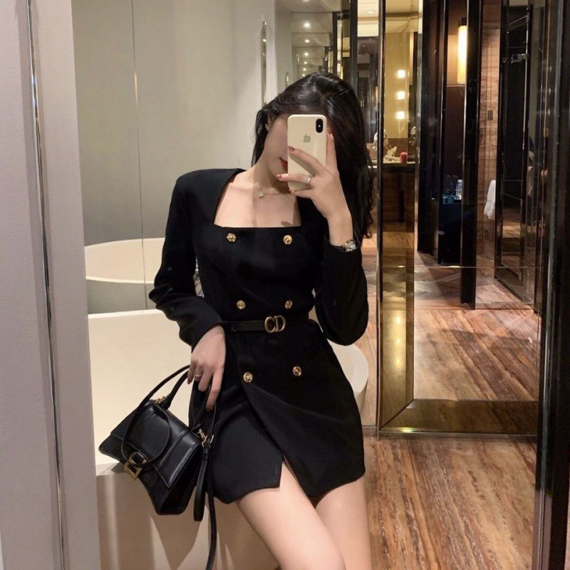 Ảnh thật 4 hình cuối-2W171.Đầm retro cổ vuông thắt đai phong cách sang chảnh