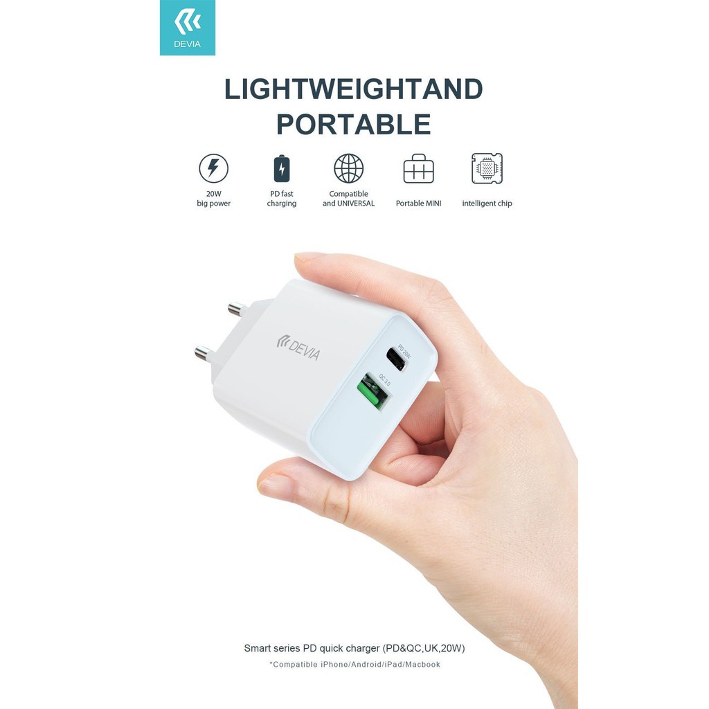Củ sạc nhanh Devia Smart PD+ QC chuẩn EU 20W
