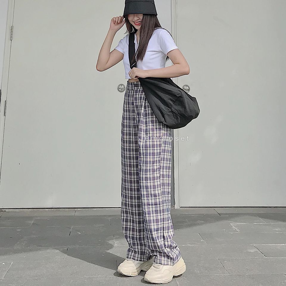 Quần Caro Nữ Form Suông Chất Liệu Tuyết Mưa Loại 1 Quần Ống Rộng Lưng Cao Thiết Kế Basic Lên Dáng Cực Đẹp EBE 2359