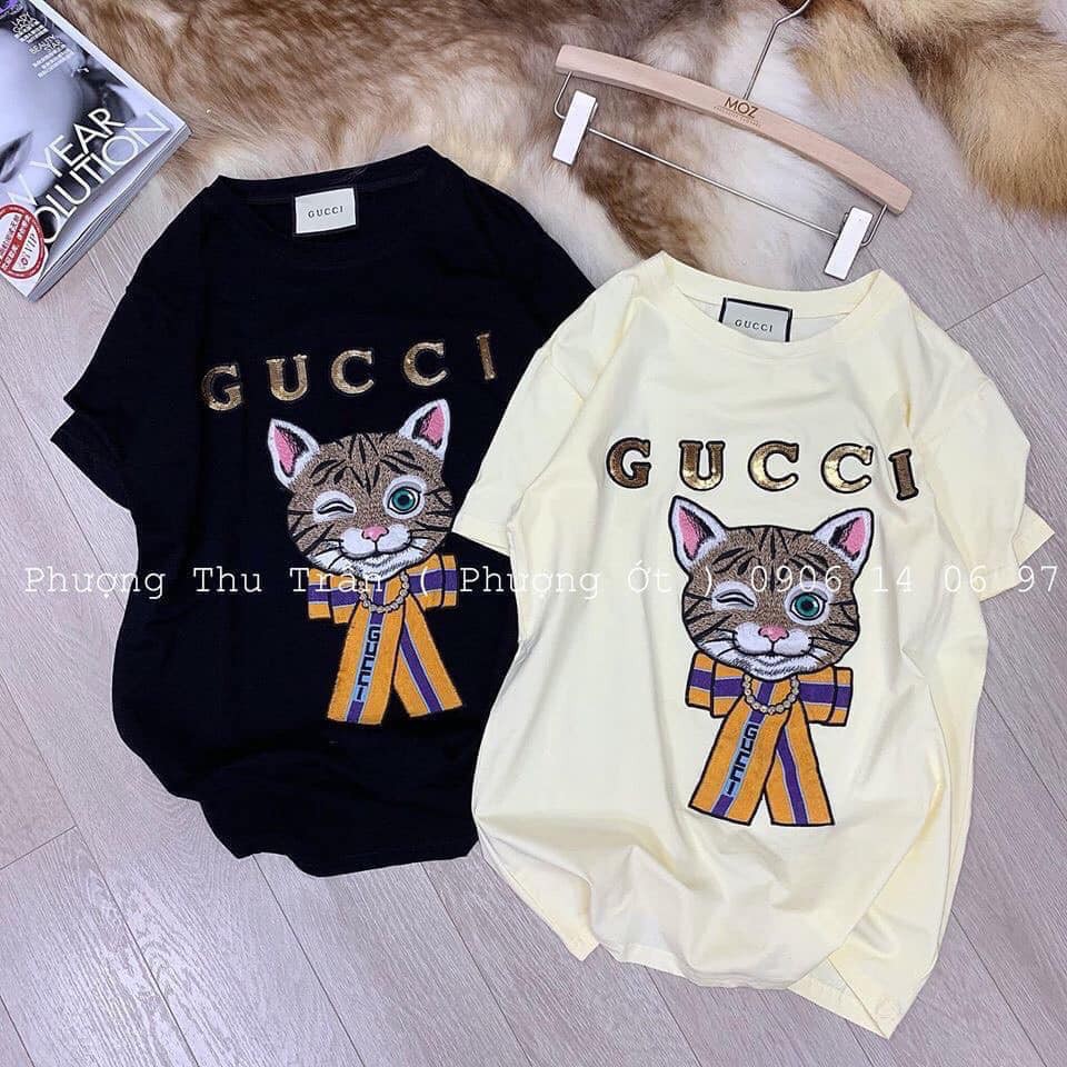 Áo phông pull G U C C I kim sa thêu mèo nổi