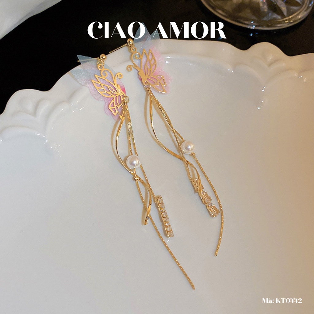 Khuyên tai nữ, Bông tai bạc 925 cánh dài hồng tiểu thư quý phái Trang sức Ciao Amor - KT0442