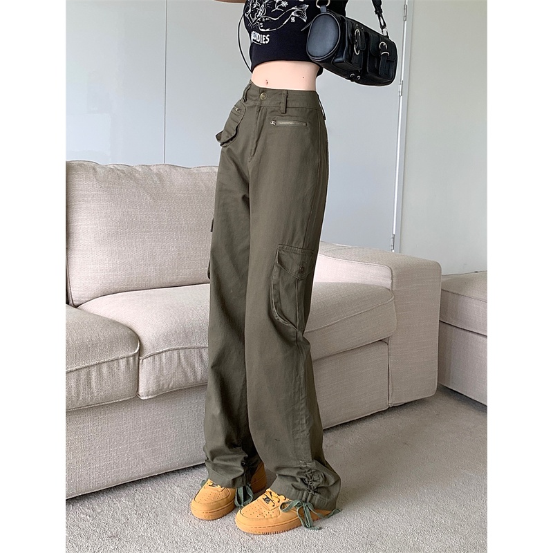 Quần Jean Ống Rộng Lưng Cao Phối Nhiều Túi Phong Cách Retro Mỹ