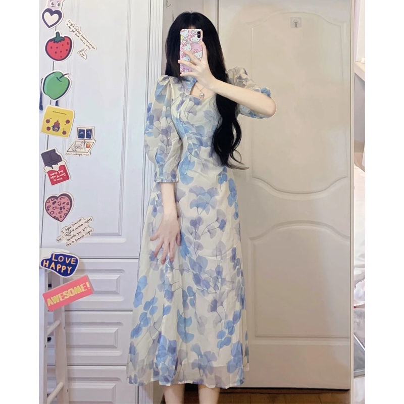 Đầm midi sườn xám vải voan tay ngắn in hoa nhẹ nhàng quyến rũ thời trang mùa hè cho nữ