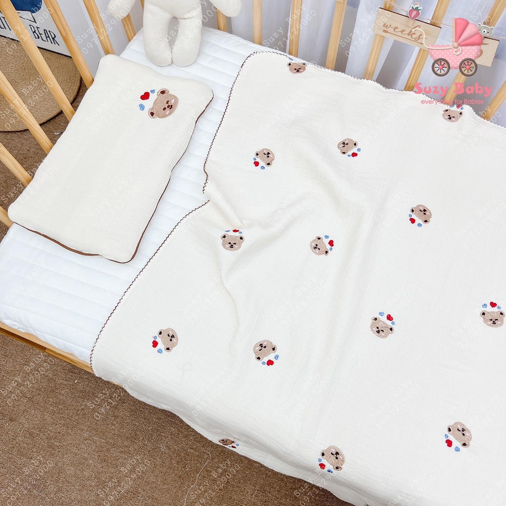 Set chăn gối xô organic thêu mẫu mới cho bé, Suzy baby