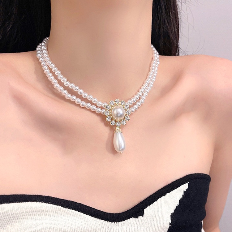 Vòng Cổ Hai Lớp Đính Ngọc Trai Giả Phong Cách Cổ Điển Sang Trọng Thanh Lịch