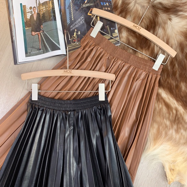 Chân váy maxi da xếp ly cạp chun