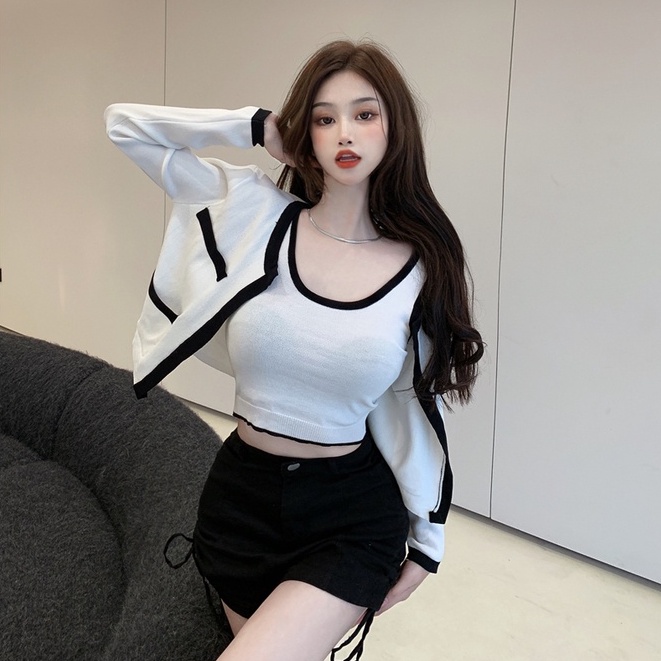 Bộ hai mảnh Cardigan tương phản thời trang phong cách Hàn Quốc