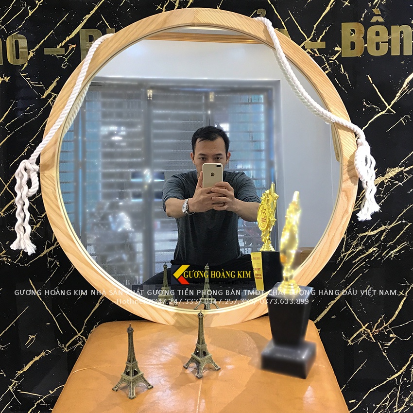 Gương để bàn trang điểm gương treo tường dây thừng makeup khung gỗ viền tự nhiên guonghoangkim KG-0005