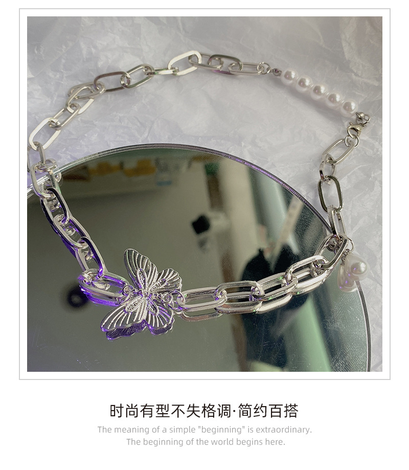 Vòng cổ 22658 dạng dây xích nối dày mặt hình bướm bằng kim loại đính ngọc trai thời trang cá tính dành cho nữ