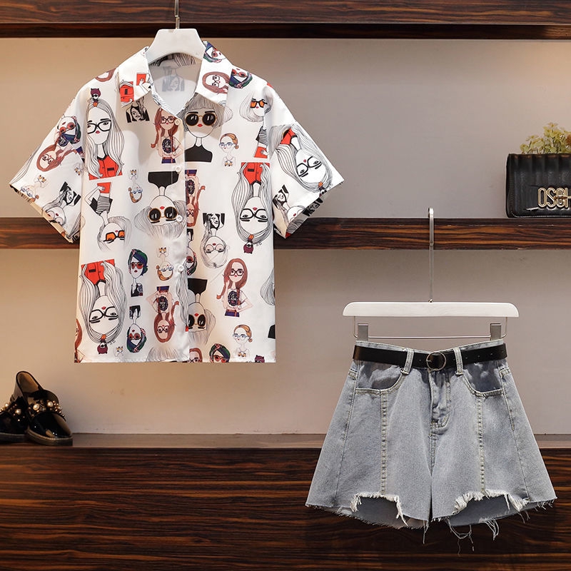 Plus size phụ nữ phù hợp với phong cách nước ngoài áo sơ mi che bụng hiển thị quần short denim mỏng bộ phụ nữ mùa hè hai mảnh bộ