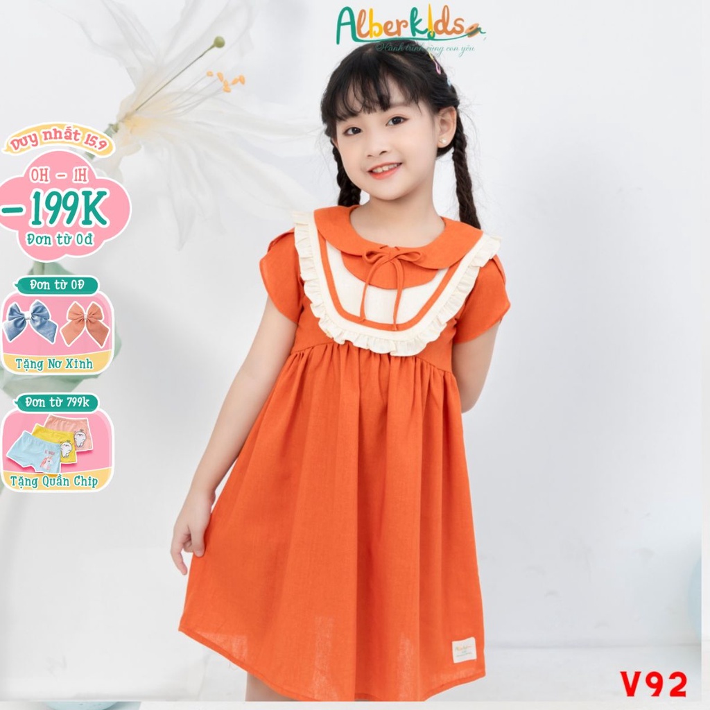 Váy cho bé gái ALBER KIDS cổ tròn phối nơ công chúa xinh đẹp cho trẻ em 2,3,4,5,6,7,8,9,10,11,12 tuổi [V92]