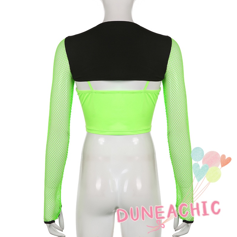 DUNEA Áo Tay Dài Phối Lưới Cài Nút &amp; Họa Tiết Bướm Màu Tương Phản Quyến Rũ Cho Nữ