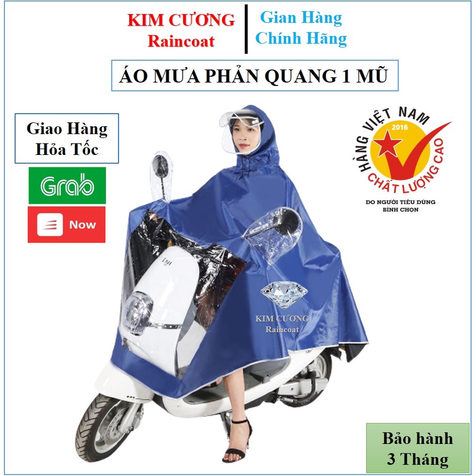 Áo Mưa Phản Quang KIM CƯƠNG 1 MŨ (1 ĐẦU) Có Kính Chắn Nước Che Mặt Chống Thấm Cao Cấp Có Túi Chùm Gương Chiếu Hậu