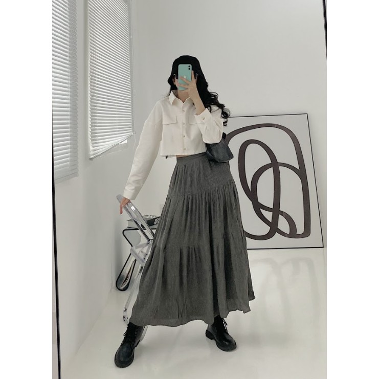 Chân váy dài thời trang GAGO Plain ruffle hem skirt màu xám đậm GO3395 | BigBuy360 - bigbuy360.vn