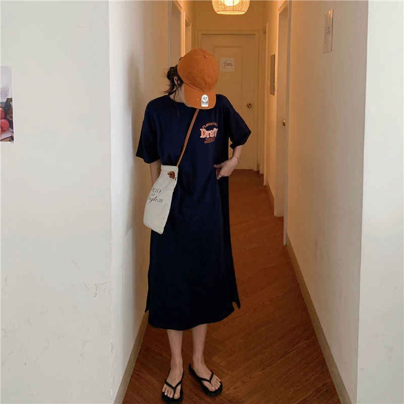 Jiashucheng Áo Thun Tay Ngắn Dáng Dài Qua Gối Phong Cách Hong Kong Thời Trang Mùa Hè