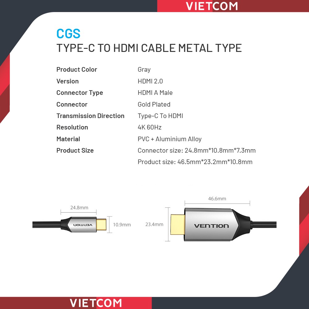 Cáp Type-C To HDMI 2.0 Dài 1.5M, 2M - Support 4K/60Hz - Chính Hãng Vention Original