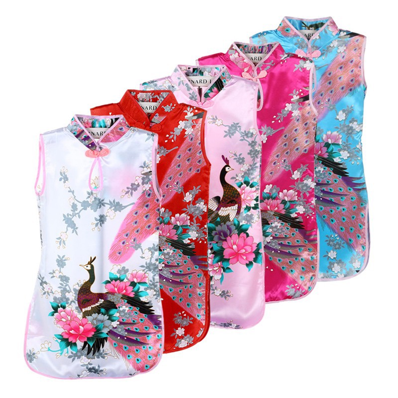 Đầm Sườn Xám Sát Nách Hoạ Tiết Chim Công Phong Cách Trung Hoa Cho Bé 3-10 Tuổi