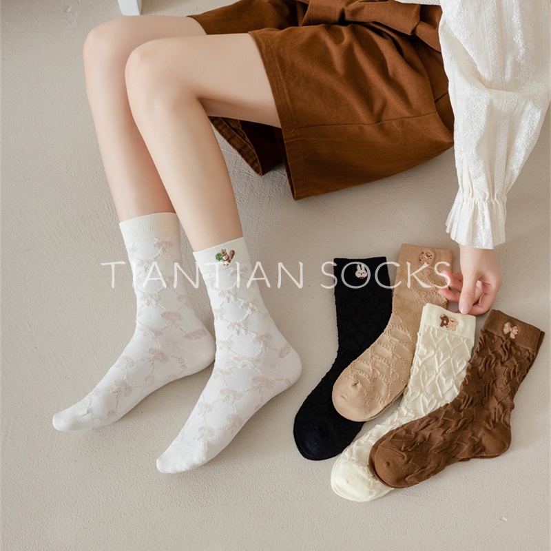 TIAN TIAN T236 Vớ Cotton Tất Cao cổ Ba Chiều Thêu Họa Tiết Gấu Hoạt Hình Dễ Thương Phong Cách Nhật Bản Thời Trang Xuân Hè Cho Nữ