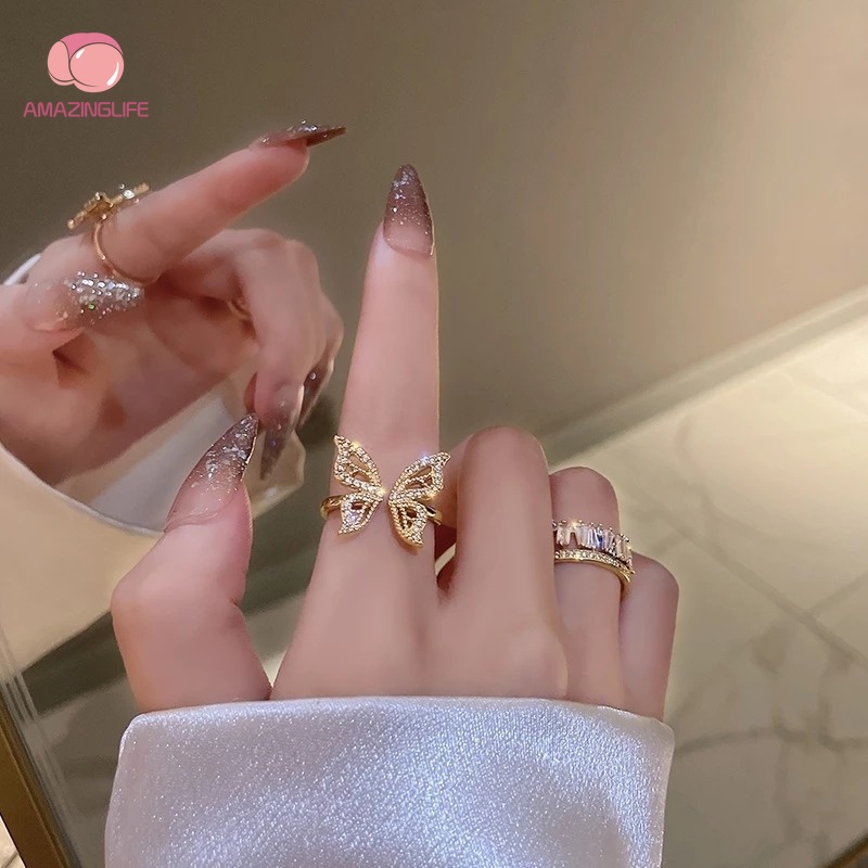 Nhẫn Hở Mạ Vàng Hình Cánh Bướm Đính Đá Zircon Lấp Lánh Có Thể Điều Chỉnh Phong Cách Hàn Quốc