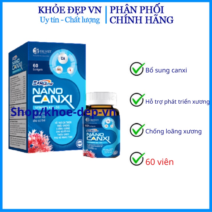 Viên uống Nano Canxi Vitamin K2 D3 bổ sung canxi, hỗ trợ phát triển xương và chống loãng xương – Hộp 60 viên