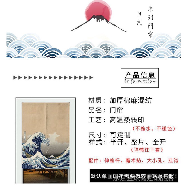 Rèm Cửa Lửng Chia Phòng Bằng Vải Lanh Cotton Chống Dầu In Họa Tiết Ukiyo-e Kanagawa Phong Cách Nhật Bản Dành Cho Nhà Bếp