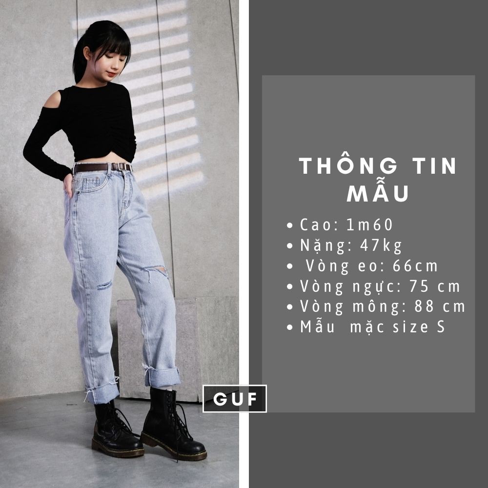 Quần Jean Nữ Dáng Baggy Thương Hiệu GUF Cạp Cao Có Thêm Bản Rách Gối Đơn Giản GUF | BigBuy360 - bigbuy360.vn