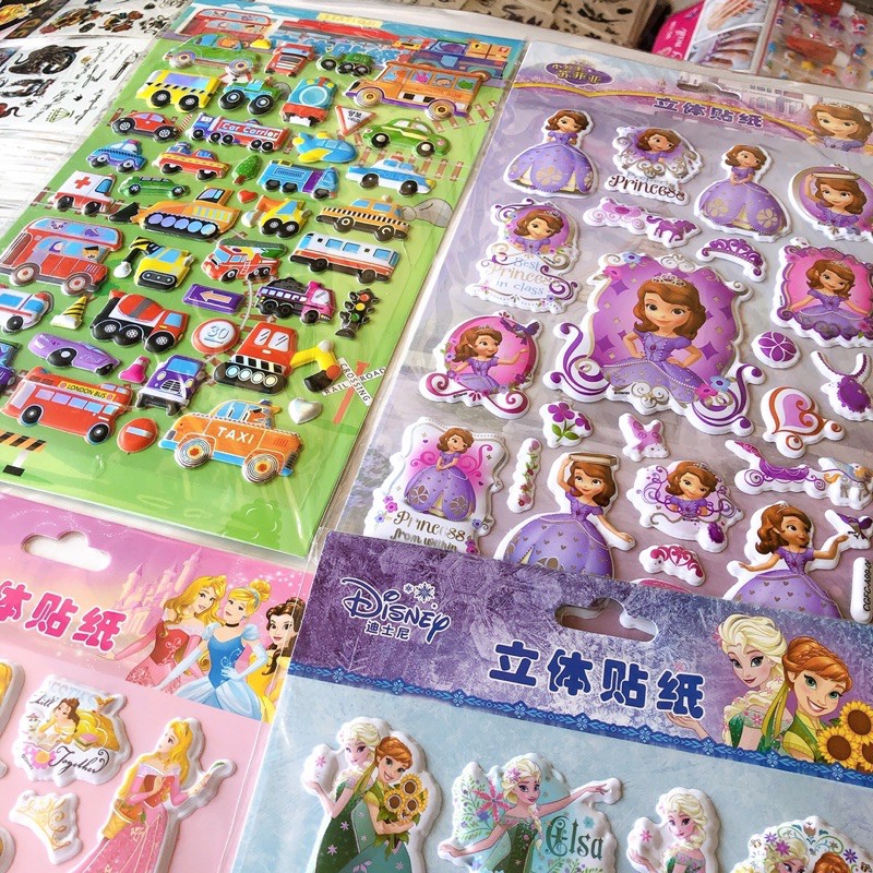 Tờ dán sticker nổi TO nhiều chi tiết [ KÈM TRANH TÔ MÀU MẶT SAU]