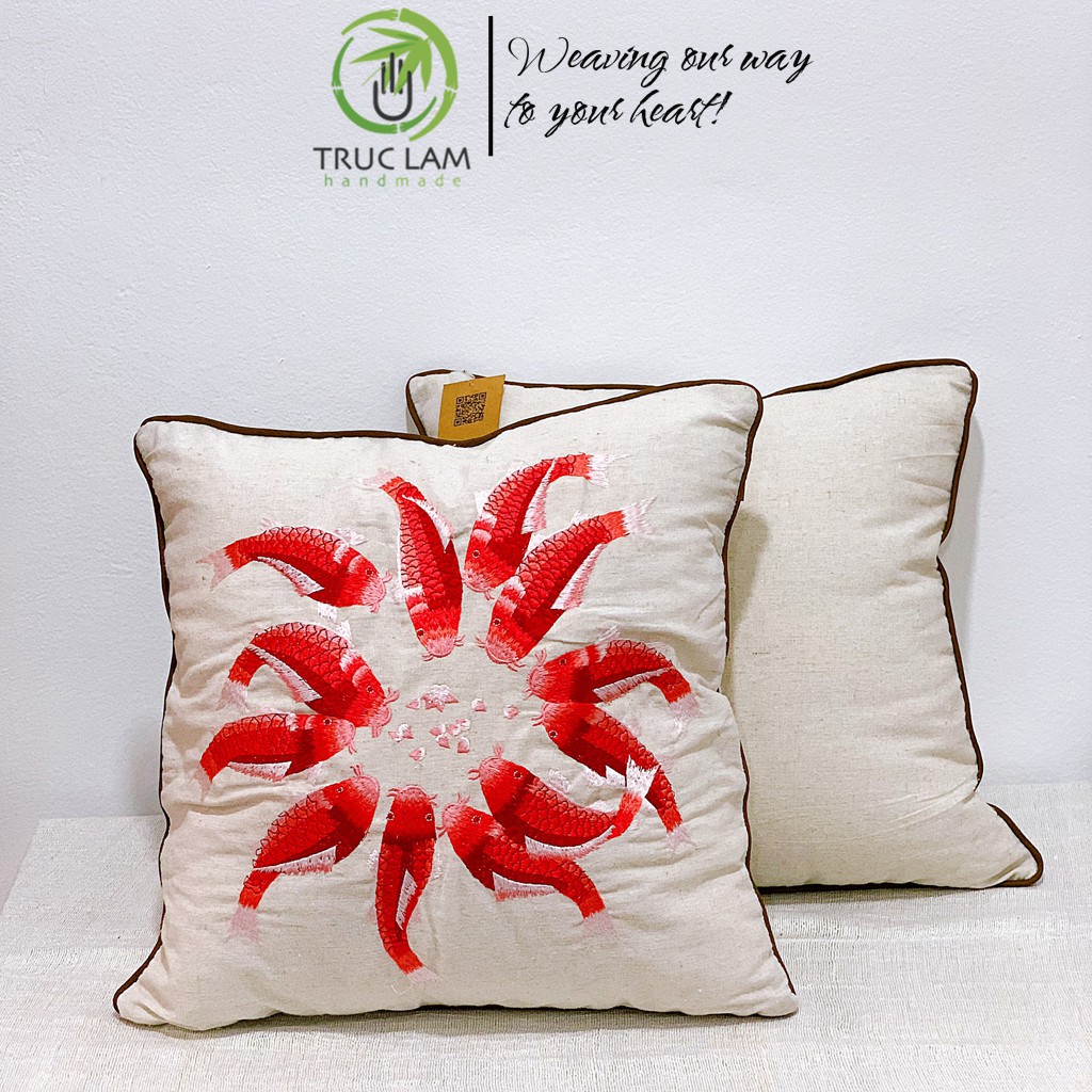Gối/Vỏ Gối Vuông Tựa Lưng Sofa (45x45) Trang Trí Phòng  Vải Linen Thêu Thủ Công Hình Đàn Cá - Trúc Lâm Handmade