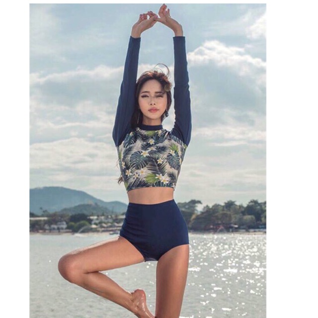 (Có sẵn, ảnh thật) Bikini dài tay, đồ bơi dài tay 2 mảnh hình lá