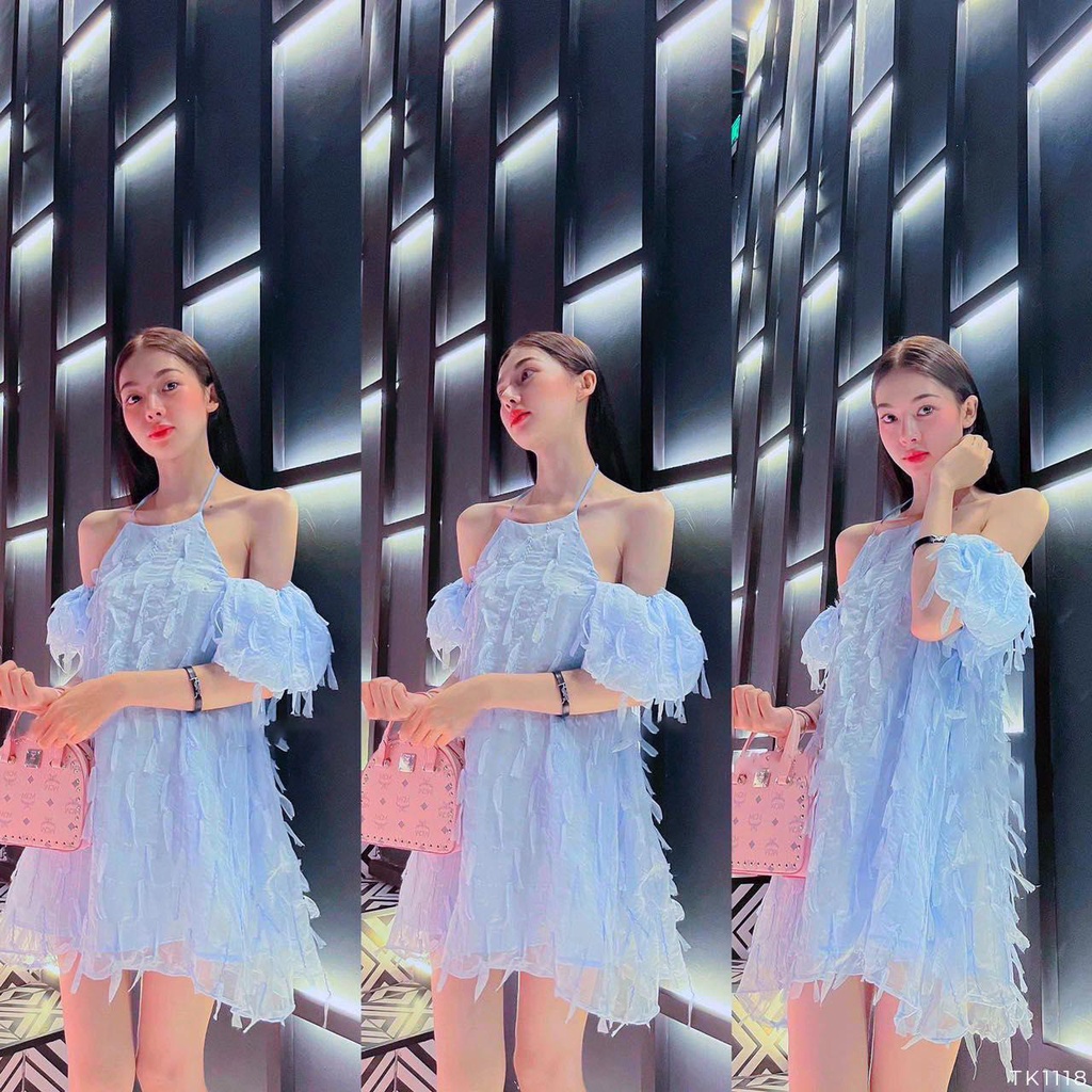 [Ảnh thật] Đầm lông vũ cổ yếm tay phồng tua rua