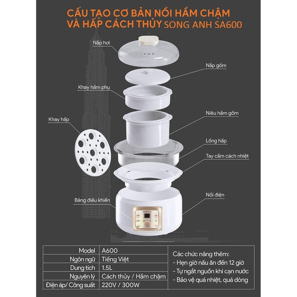 Nồi Nấu Cháo Chậm 1,5L, Hầm Xương Chưng Yến Tiềm Gà Hấp Cách Thủy Đa Năng 2 Tầng Song Anh Cao Cấp