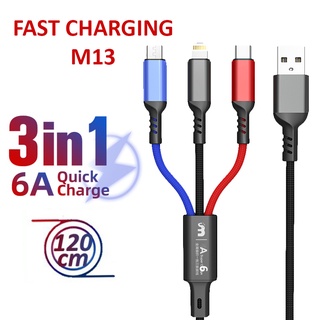 Cáp sạc 3in1 letang m13 lightning/type-c/micro sạc nhanh 3a dây dù siêu bền dài 1.2m cho smartphone