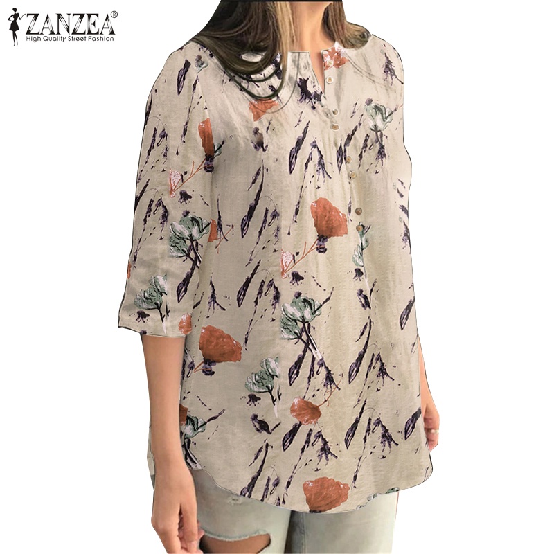 Zanzea Áo Sơ Mi Tay 3 / 4 Bằng Cotton In Họa Tiết Dành Cho Nữ