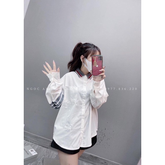 Áo sơ mi Thoms Browne viền cổ vạch tay