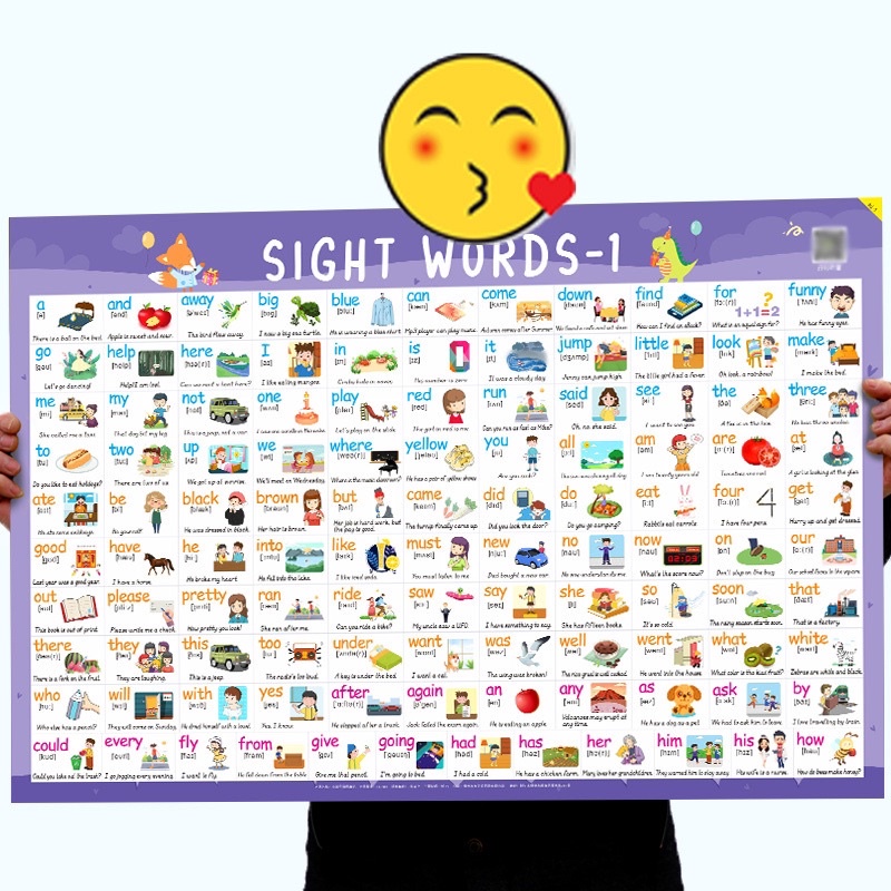 Poster dán tường combo 2 tờ 220 từ tiếng anh thông dụng cho bé, bảng từ Sight Word kích thước lớn 77x52cm