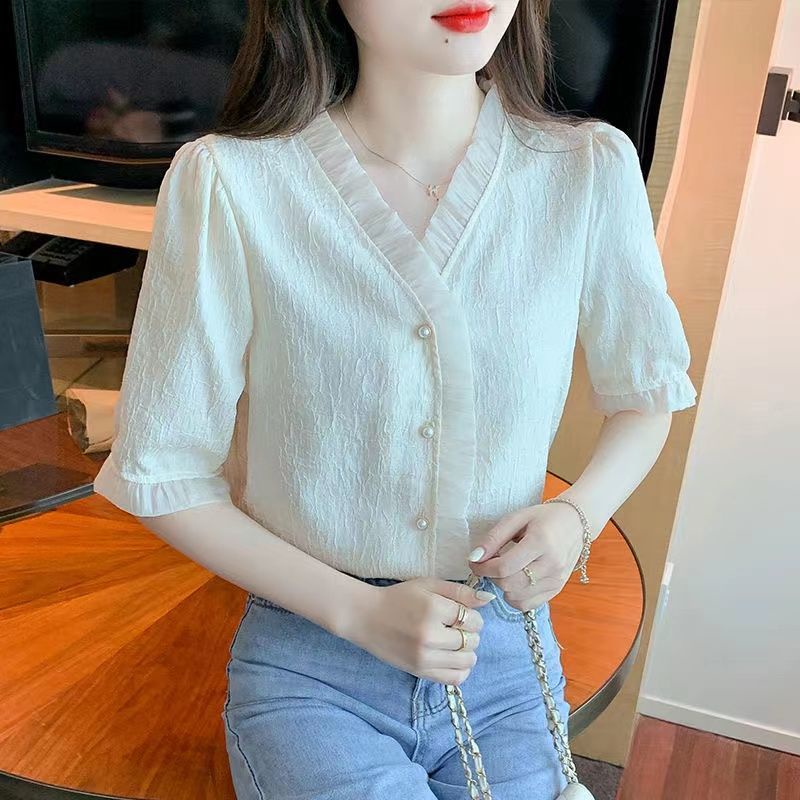 Áo Voan Ngắn Tay Cổ Chữ V Phong Cách Phương Tây Thời Trang Mùa Hè Cho Nữ