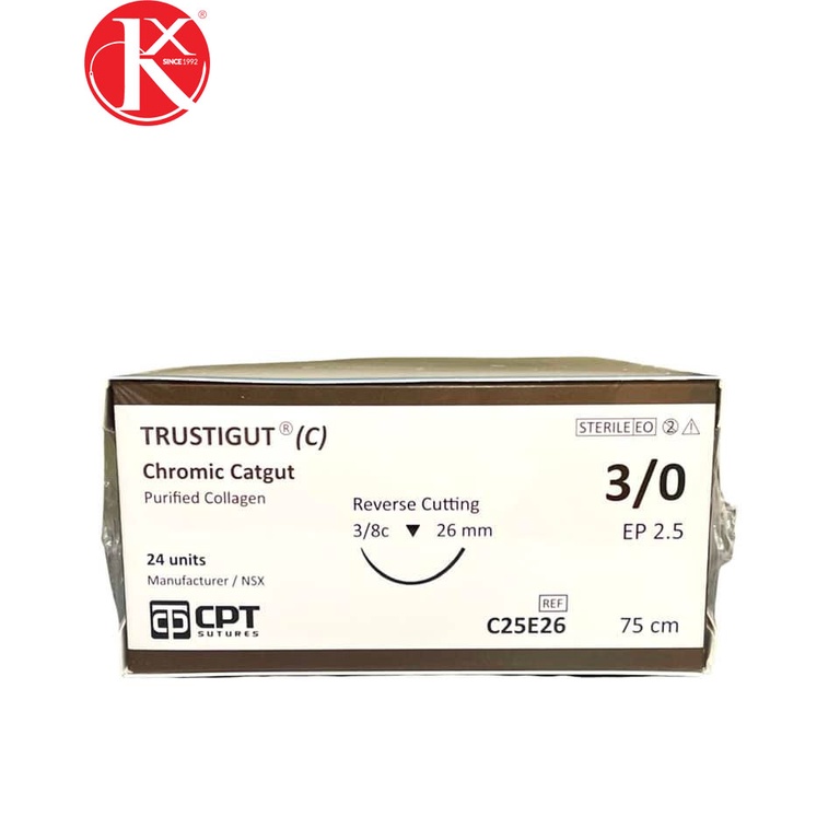CHỈ PHẪU THUẬT TỰ TIÊU TAN CHẬM CPT TRUSTIGUT® (C) CHROMIC CATGUT số 3/0 - C25E26 (hộp 24 tép)